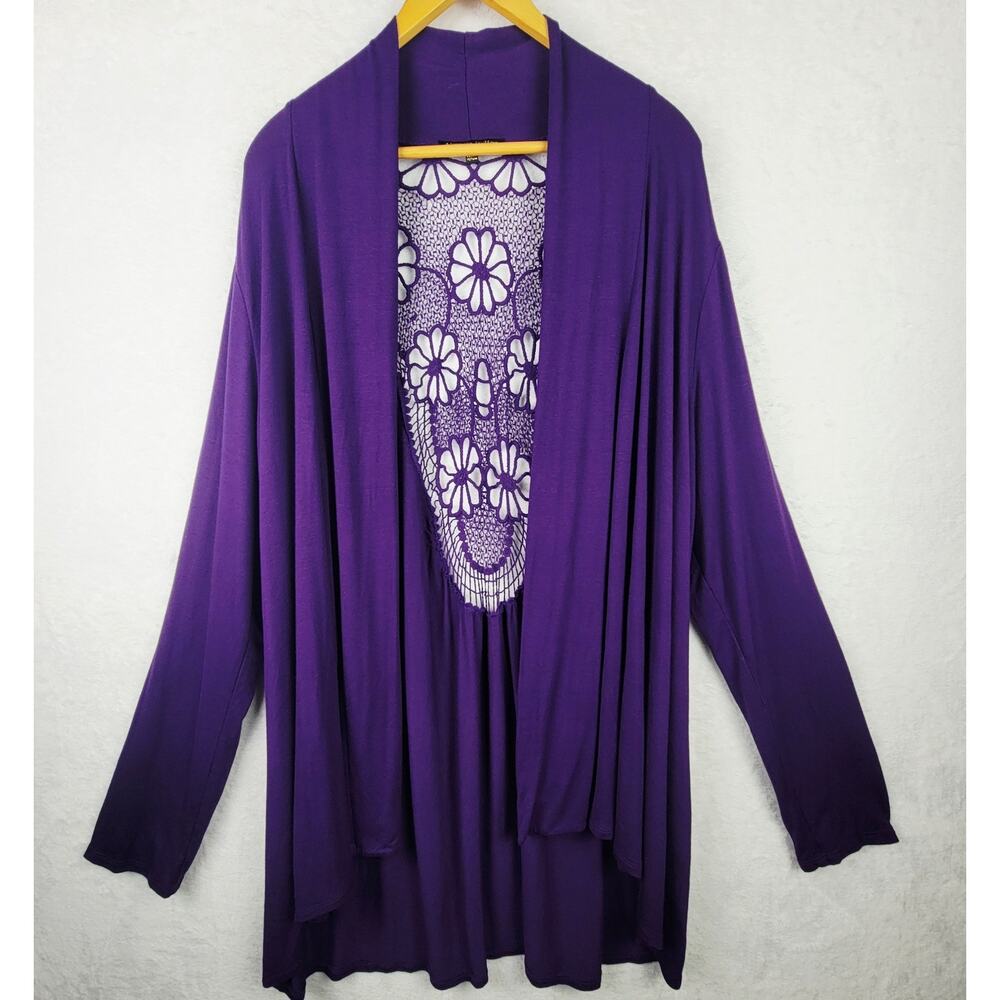 Bohemian Cardigan 3X Sweater Jacket Purple Floral Crochet Long Sleeve Office